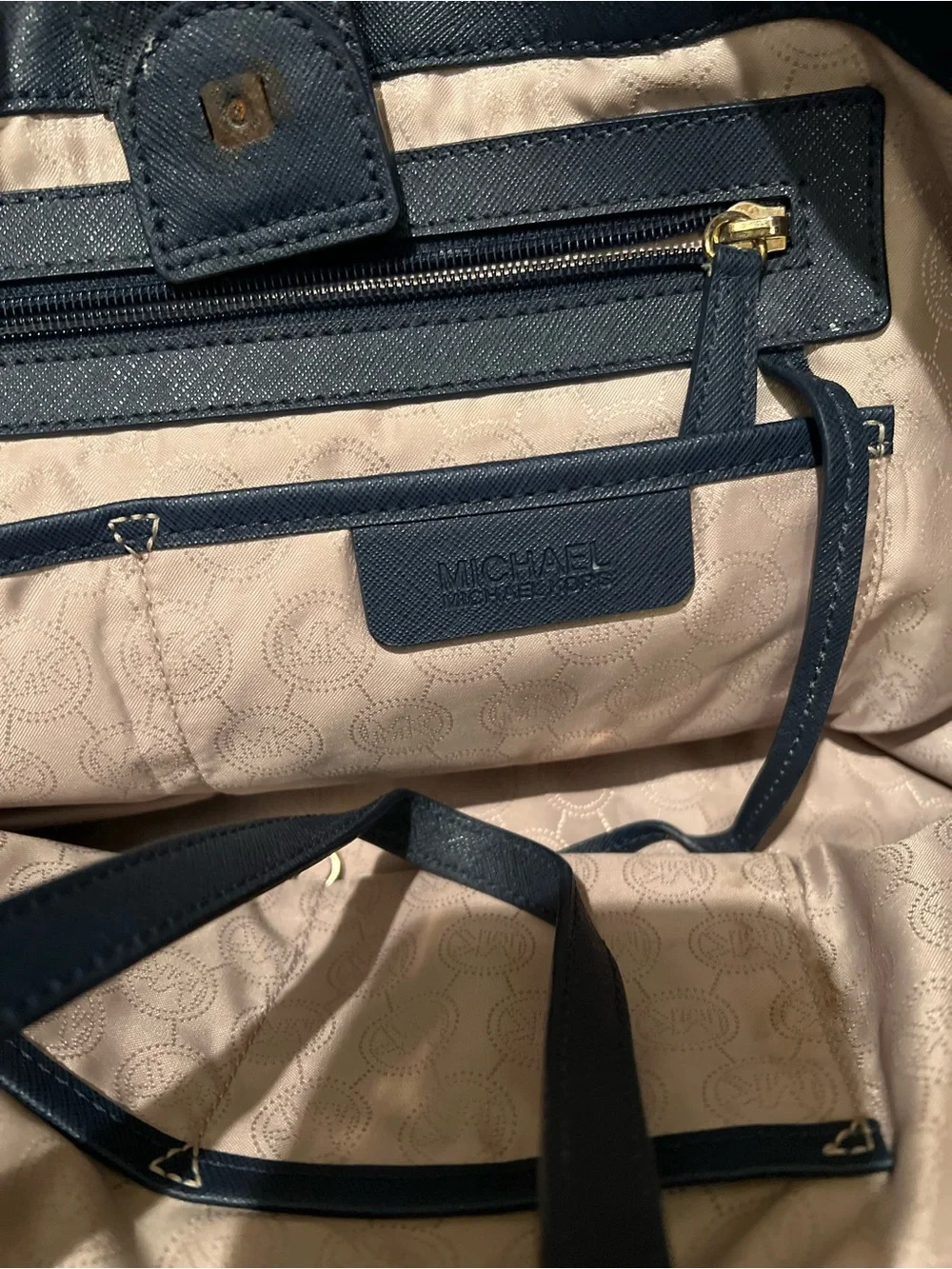 Michael Kors Navy Leather Tote‎ with Gold Grommet Accents Beachy Captain
